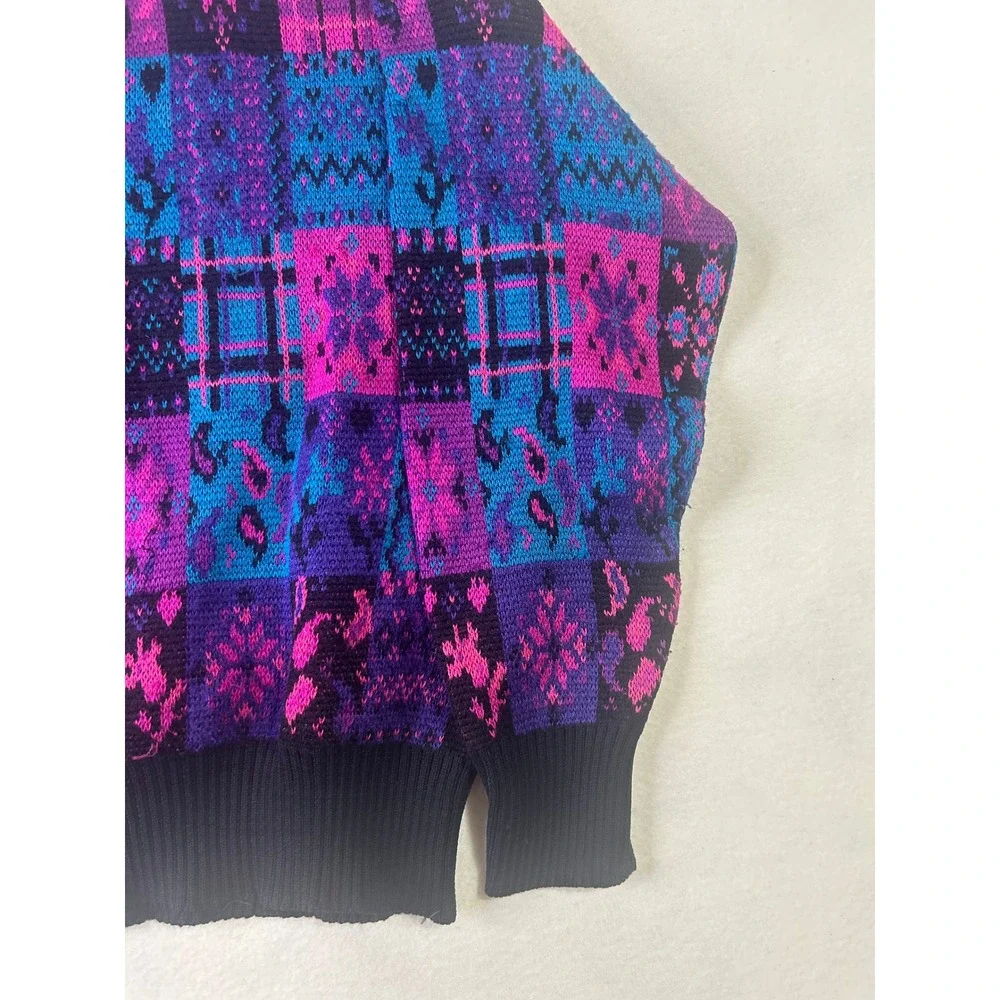 Vintage Meister Patchwork Knit Sweater Pink‎ Purple Blue Wool Blend Crewneck